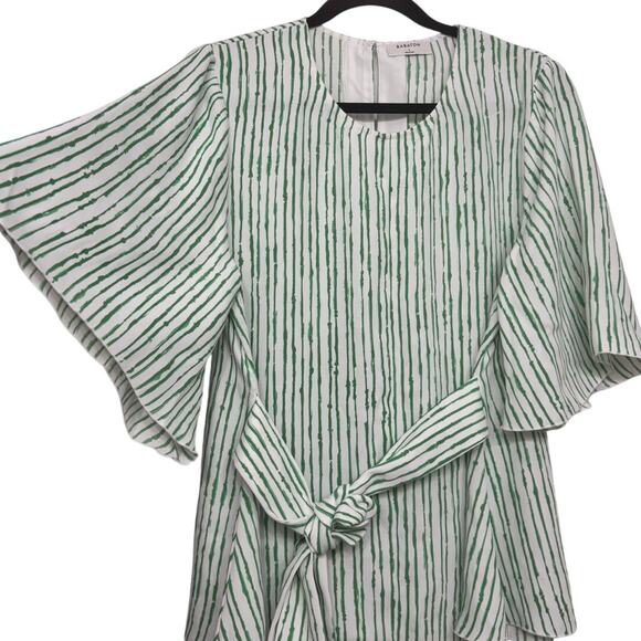 Aritzia Babaton Green White Striped Tie Waist Blouse Top Size L Flutter Sleeve - Picture 2 of 7
